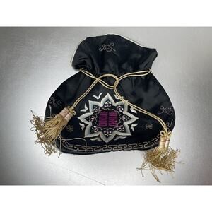 Vintage Antique Chinese Asian Black Silk Tassels Small Drawstring Handbag Bag